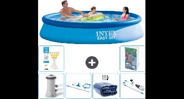 Intex Rond Opblaasbaar Easy Set Zwembad - 366 x 76 cm - Blauw - Inclusief Pomp - Schoonmaakset - Solarzeil - Stofzuiger - 7-delig