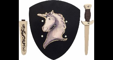 houtendolk met schede en ridderschild eenhoorn unicorn kinderzwaard ridderzwaard schild ridder zwaard dolk