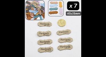 7 Stuks IMITATIE SUEDE AANNAAIBARE ETIKETTEN met Tekst Handmade with Love, Maat 40MMx15MM, Kleur ECRU