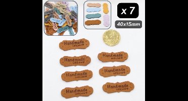 7 Stuks IMITATIE SUEDE AANNAAIBARE ETIKETTEN met Tekst Handmade with Love, Maat 40MMx15MM, Kleur BRUIN