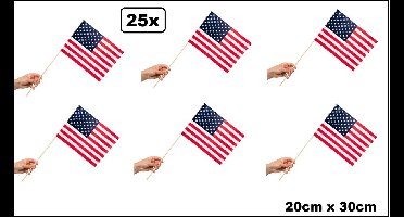 25x Luxe Zwaaivlaggetjes op stok USA 20cm x 30cm - stok hout 50cm - Zwaai vlaggetjes EK WK thema feest voetbal festival uitdeel