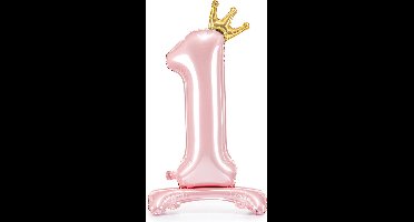 Partydeco - Staande folieballon Cijfer 1 Licht roze met kroon 84 cm
