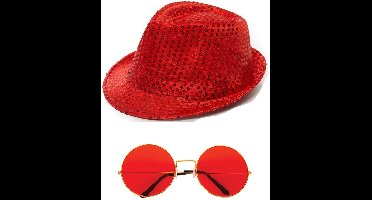 Folat - Verkleedkleding set - Glitter hoed/party bril rood volwassenen