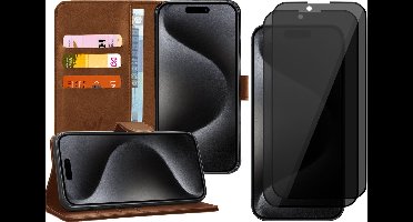 Hoesje geschikt voor iPhone 15 Pro Max - 2x Privacy Screen Protector FullGuard - Book Case Kunstleer Pasjeshouder Bruin & Screenprotector