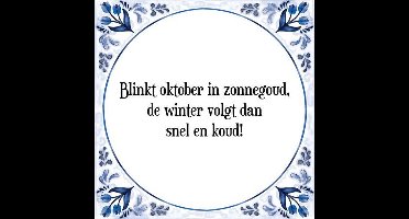 Tegeltje met Spreuk (Tegeltjeswijsheid): Blinkt oktober in zonnegoud, de winter volgt dan snel en koud! + Kado verpakking & Plakhanger