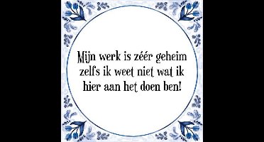 Tegeltje met Spreuk (Tegeltjeswijsheid): Mijn werk is z��r geheim zelfs ik weet niet wat ik hier aan het doen ben! + Kado verpakking & Plakhanger