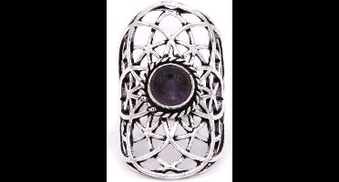 Ring verstelbaar - flower of life - levensbloem - seed of life met amethist edelsteen - zilverkleur -3.6x2.2 cm