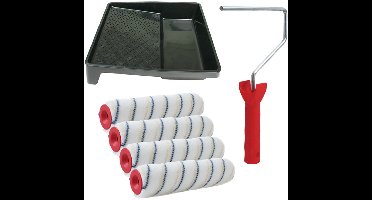 Sorex pluisvrije verfrollers schilderen set - met beugel en verfbak - 4x anti spat rollers - breedte 18 cm - dikte 6 cm