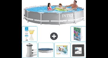 Intex Rond Prism Frame Zwembad - 366 x 76 cm - Grijs - Inclusief Pomp - Afdekzeil - Loungebed - Vloertegels - 7-delig