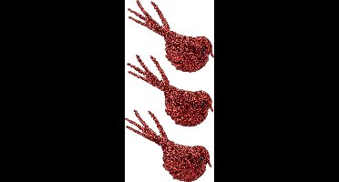 3x stuks decoratie vogels op clip glitter rood 16 cm - Decoratievogeltjes/kerstboomversiering/bruiloftversiering