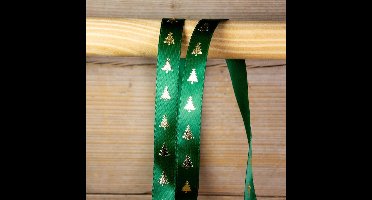 Satijnen Kerstlint Groen met Gouden Kerstbomen – 15 mm × 25 m
