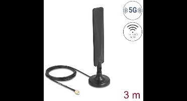 Delock 5G LTE Antenna SMA plug 3 dBi omnidirectional with connection cable RG-174 3 m with tilt joint with magnetic base black
