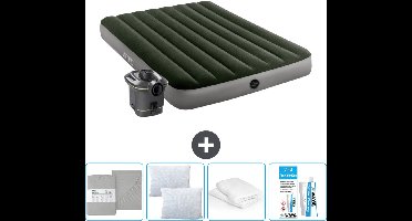 Intex Luchtbed - Twijfelaar - 137 x 191 x 25 cm - Groen - Inclusief pomp - Hoeslaken - Kussen - Reparatieset en Kussenbeschermer