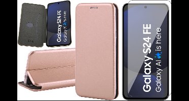 Hoesje geschikt voor Samsung Galaxy S24 FE - Screenprotector Glas - Wallet Book Case Rosegoud