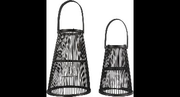 Lantaarn windlicht kaarshouder Camau zwart 34,5 cm set van 2