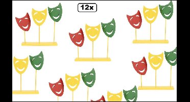 12x Decoratie plank met 3 maskers op stok - carnaval rood geel groen raam decoratie festival optocht thema feest