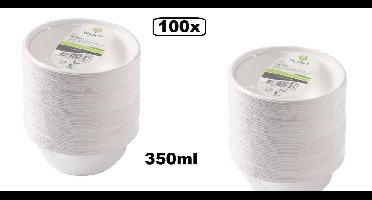100x Schaal van suikerrietpulp next generation 350ml wit - salade BBQ fruit kom verse gerechten