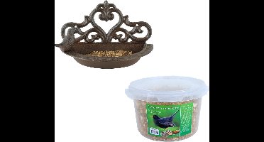 Wand vogel voederbak/drinkbak gietijzer 24 cm inclusief 4-seizoenen mueslimix vogelvoer - Vogel voederstation - Vogelvoederhuisje