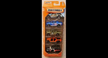 MATCHBOX 5 IN BOX 2010 FORD F-150 SVT RAPTOR, TOYOTA HILUX PICKUP, SWAMP RAIDER '20 JEEP GLADIATOR, 2016 TOYOTA TACOMA METAL (1:64) 5-PACK