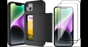 Hoesje met Pasjeshouder geschikt voor iPhone 14 - 2x Screen Protector FullGuard - Back Cover SlideCase Zwart & Screenprotector