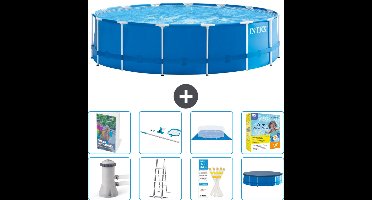 Intex Rond Frame Zwembad - 457 x 122 cm - Blauw - Inclusief Pomp - Ladder - Grondzeil - Afdekzeil - Schoonmaakset - Onderhoudspakket - 9-delig