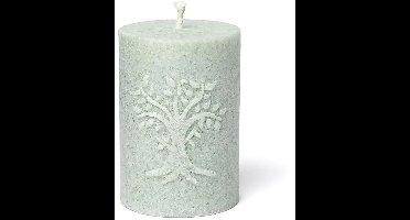 Votiefkaars met reliëf Levensboom stearine saliegroen – ø5.5 cm x 8 cm