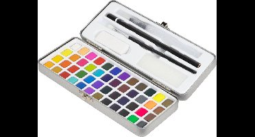 Aquarelverfdoos 48 kleuren in metalen doos zilver met accessoires
