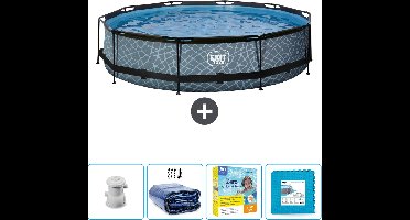 EXIT Rond Stone Frame Zwembad - 360 x 76 cm - Inclusief Pomp Solarzeil - Onderhoudspakket - Vloertegels - Nu extra voordelig