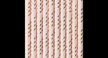 Partydeco Drinkrietjes - papier - 10x - roze/goud strepen - 19,5 cm - rietjes