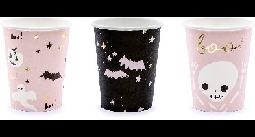 PARTYDECO - 6 schattige roze en zwarte Halloween kartonnen bekers 220 ml