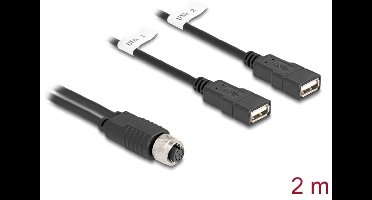 Delock M12 Cable A-coded 8 pin female to 2 x USB 2.0 Type-A female 2 m black