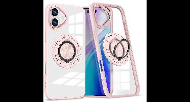 Magsafe Hoesje Geschikt voor iPhone 16 hoesje Rose Goud Transparant - Met kickstand Draaibare Ring Houder