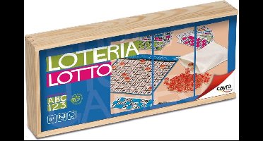 Cayro Loterij 48 Kaarten in Houten Doos - Klassiek Bingospel met Houten Fiches en Stoffen Zakje - Rood Beschilderde Rand - 2-8 Spelers - Vanaf 6 Jaar - Cayro Collection