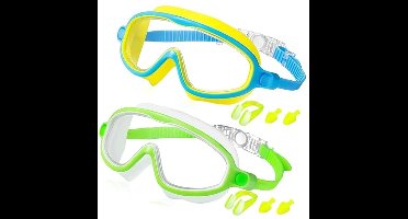 LISM-Een set van twee zwembrillen, geschikt voor kinderen en tieners van 3 tot 15 jaar, met anticondenslaag, UV-bescherming, breed gezichtsveld en waterdicht ontwerp (geel-blauw + wit-groen).