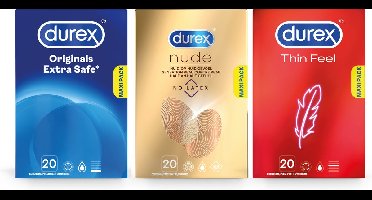 Durex - 60 stuks Condooms - Extra Safe 1x20 stuks - Nude No Latex 1x20 stuks - Thin Feel 1x20 stuks - Voordeelverpakking