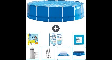 Intex Rond Frame Zwembad - 457 x 122 cm - Blauw - Inclusief Pomp - Ladder - Grondzeil - Afdekzeil Onderhoudspakket - Filters - Vloertegels