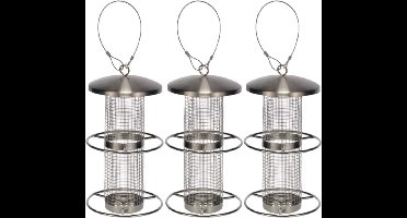 3x stuks RVS vogel voedersilo zilver 28 cm - Vogelvoederhuisje - Vogel voederstation - Vogelvoer - Hangend