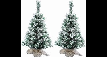 2x Stuks mini kerstboom met sneeuw 35 cm in jute zak - Mini kerstbomen