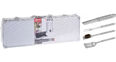 BARBECUEGEREEDSCHAPSET RVS 4 DLG, IN ALUMINIUM KOFFER 46X16X8CM