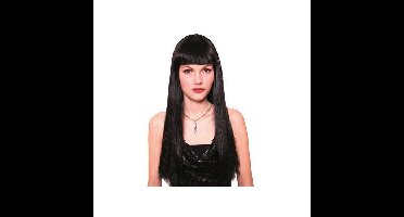 Funny Fashion Verkleedpruik - zwart - pruik met pony en lang stijl haar - Morticia