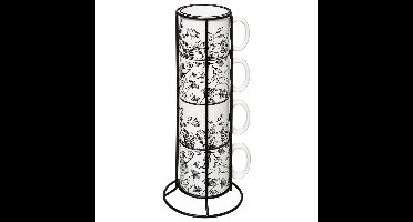 Koffiemokken Flowers - 4x stuks in metalen rekje - Keramiek - glans afwerking - 240 ml - 7 x 8 cm