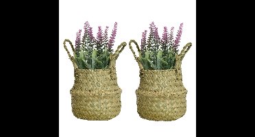 Lavendel kunstplant in rieten mand - 2x - lichtroze - D16 x H27 cm