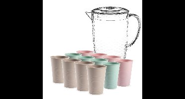 Sapkan/schenkkan karaf met deksel 2 liter set met 12x kunststof drinkglazen 360 ml