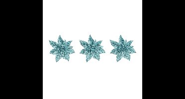 Cosy & Trendy Decoratie bloem - 8x - kerstster - clip - blauw glitter
