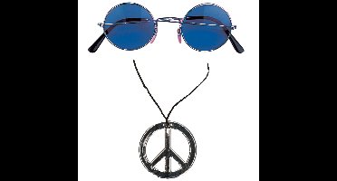 Hippie Flower Power verkleed set - peace ketting en bril blauw