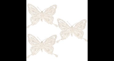 Kerstboomversiering Vlinder - 3x - 14 cm - wit glitter - clip