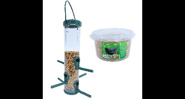 Vogel voedersilo groen/transparant kunststof 33 cm inclusief 4-seizoenen mueslimix vogelvoer