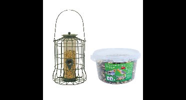 Vogel voedersilo voor kleine vogels metaal groen 36 cm inclusief 4-seizoenen energy vogelvoer