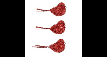 Kerstboomversiering Vogel - 4x - 12 cm - rood glitter - op clip - ornament - ster