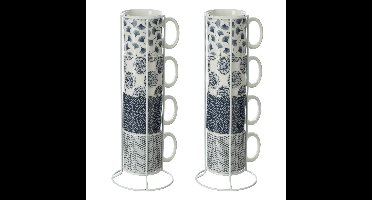 Koffiemokken Japan - 8x stuks in metalen rekje - Keramiek - glans afwerking - 240 ml - 7 x 8 cm